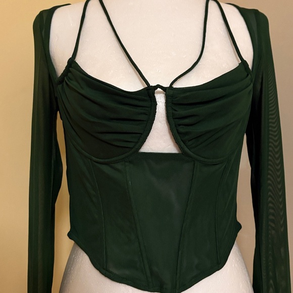 Fashion Nova Dark Green Melanie Mesh Corset Top with Detachable Sheer Sleeves S - Picture 2 of 10